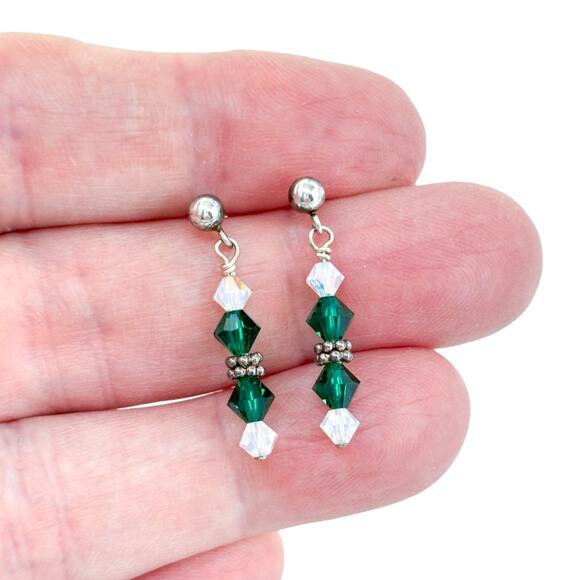 Vintage Sterling Silver 925 Green and Clear Crystal Dangle Earrings - Picture 1 of 5